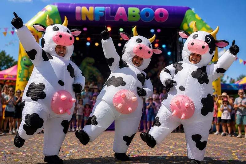 Tres personas en disfraces inflables de vaca levantan el brazo frente a un arco inflable de Inflaboo.