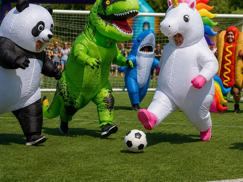 Un grupo en disfraces inflables de panda, dinosaurio, unicornio y tigre avanza riéndose sobre una cancha de césped.
