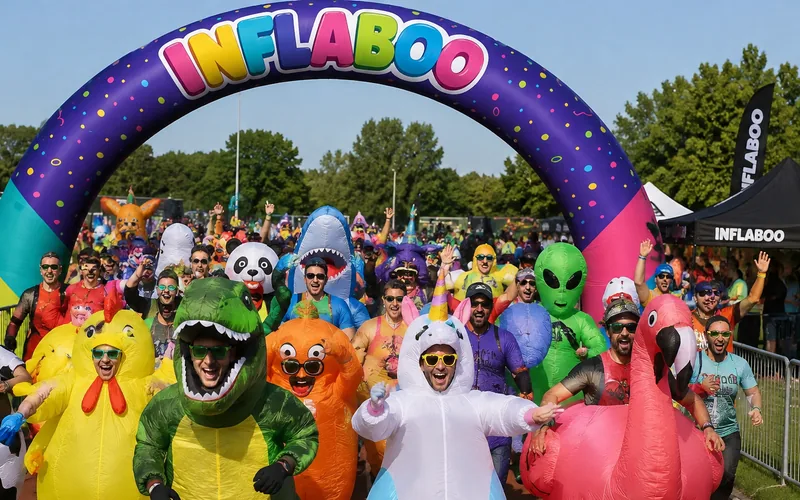 Une foule de participants en costumes gonflables — poussin, dinosaure, licorne, flamant rose — s'élance en riant depuis la ligne de départ, sous une arche gonflable aux couleurs d'Inflaboo.