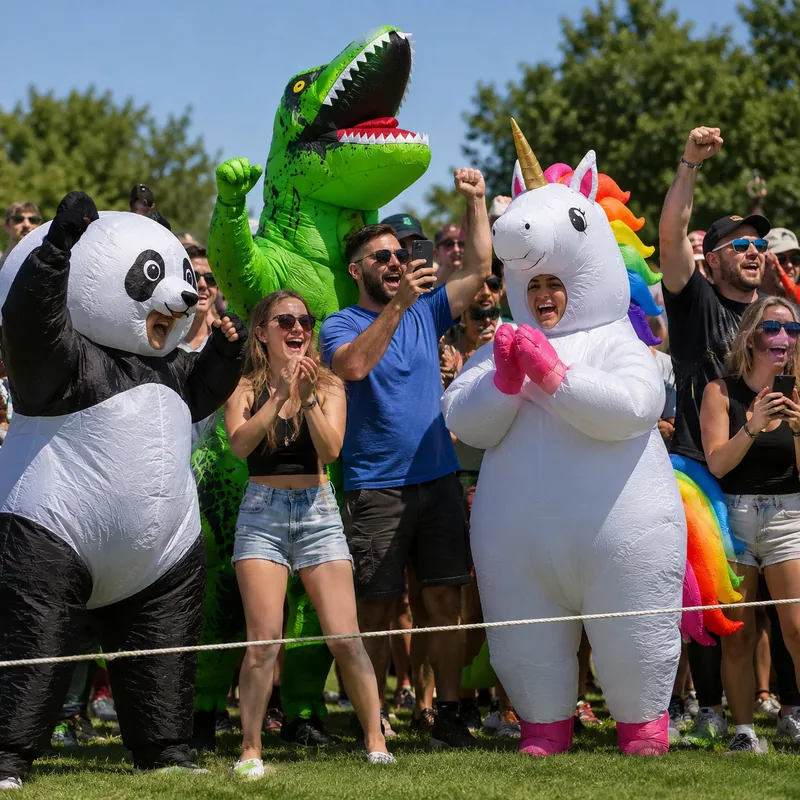 Una multitud de espectadores anima a los participantes, con los brazos en alto y los teléfonos en la mano, junto a personas en disfraces inflables de panda, dinosaurio y unicornio.