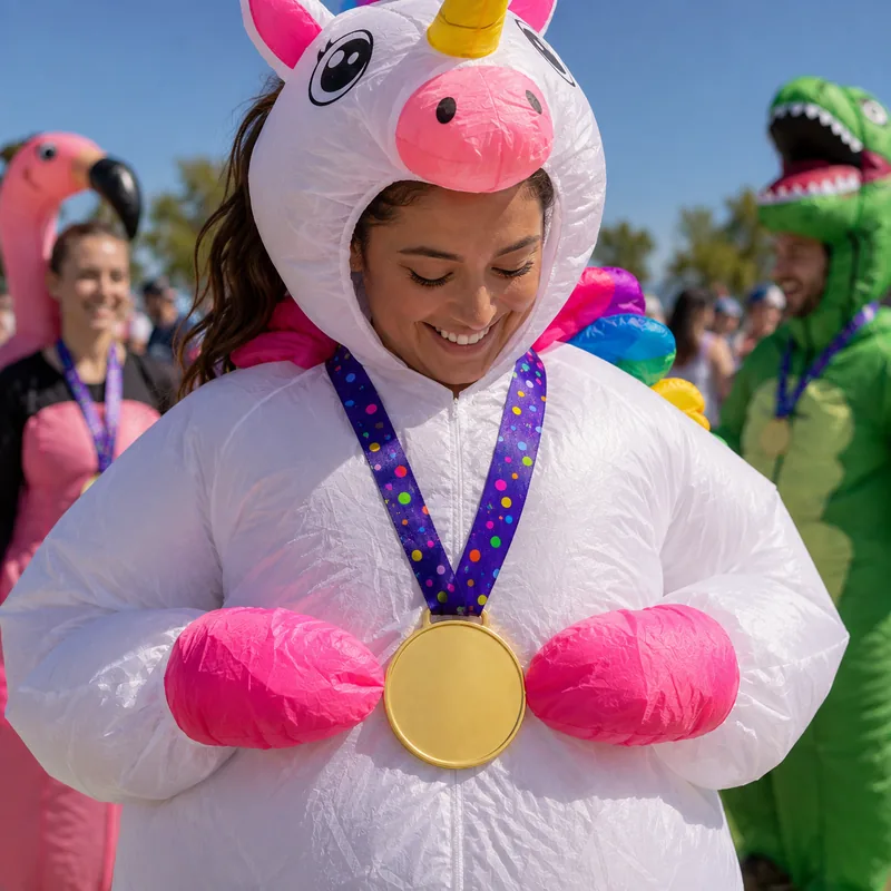 Una persona en disfraz inflable de unicornio mira sonriendo una medalla de participación que sostiene entre las manos. Detrás, otros participantes llevan la misma medalla.