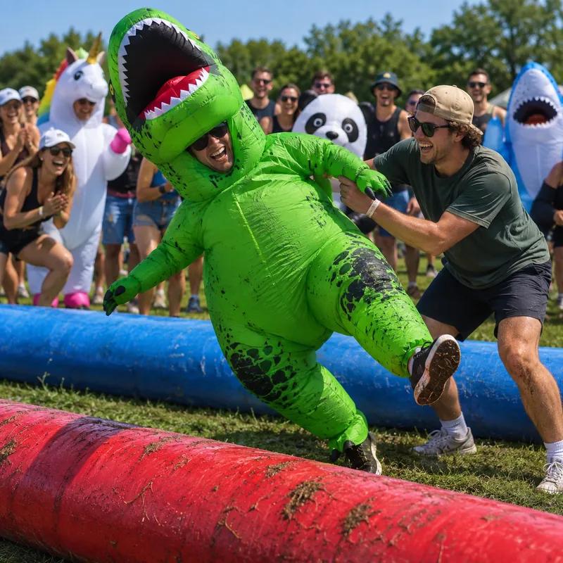 Una persona en disfraz inflable de dinosaurio verde pierde el equilibrio entre risas sobre un obstáculo, mientras un amigo sin disfraz la sostiene del brazo.